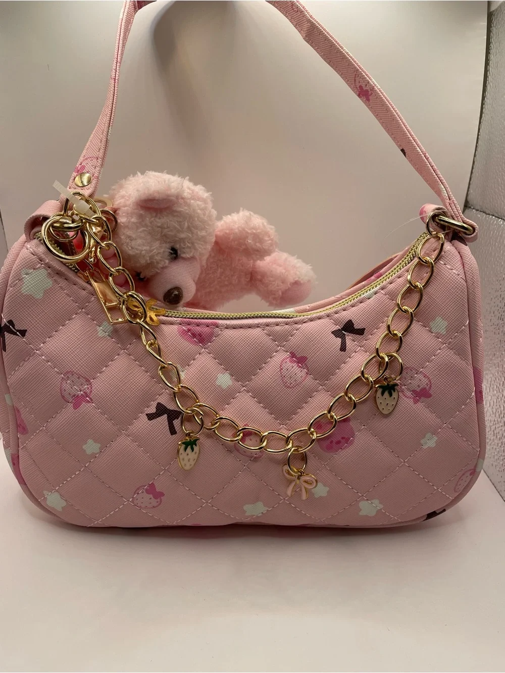 NWT Under One Sky Pink Quilted Strawberry Bag Bear Charm